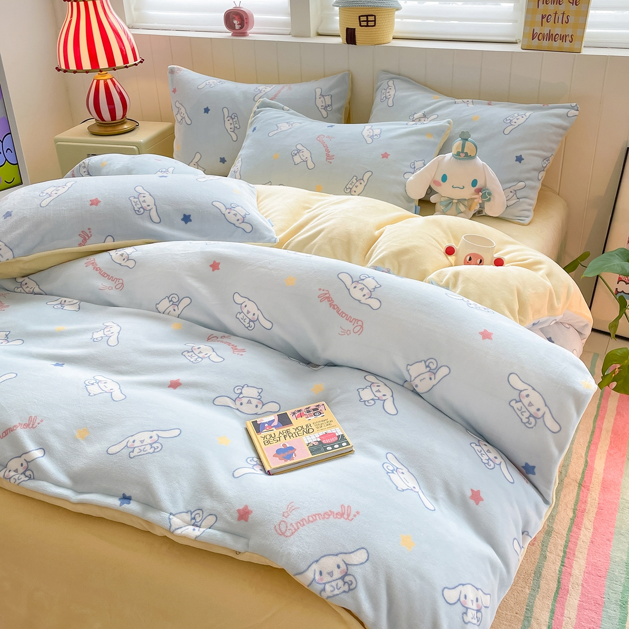 91家纺网 家纺一手货源 找家纺 桃子家居 2025新款A类正版三丽鸥授权卡通加厚高克重牛奶绒系列四件套 绒三丽鸥-星星玉桂狗