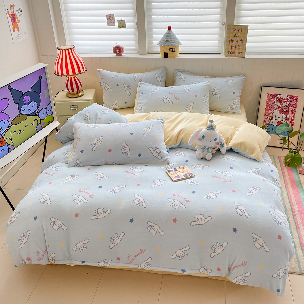 91家纺网 家纺一手货源 找家纺 桃子家居 2025新款A类正版三丽鸥授权卡通加厚高克重牛奶绒系列四件套 绒三丽鸥-星星玉桂狗