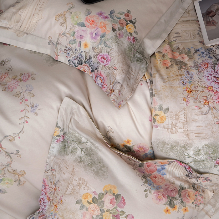 91家纺网 家纺一手货源 找家纺 观月轩家纺 2025新款60支长绒棉纯棉数码印花四件套 花城-绿