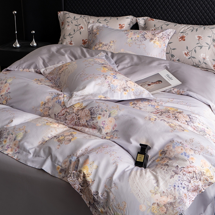 91家纺网 家纺一手货源 找家纺 观月轩家纺 2025新款60支长绒棉纯棉数码印花四件套 花城-紫