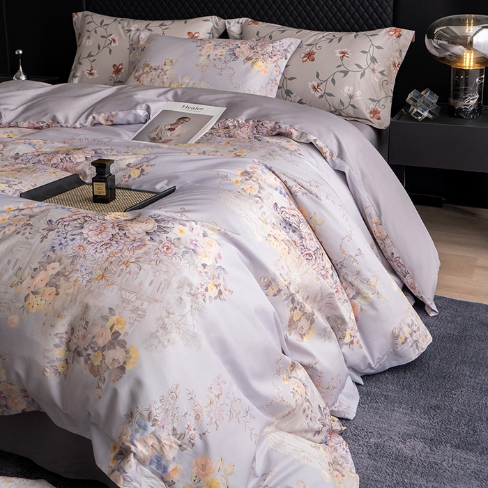 91家纺网 家纺一手货源 找家纺 观月轩家纺 2025新款60支长绒棉纯棉数码印花四件套 花城-紫