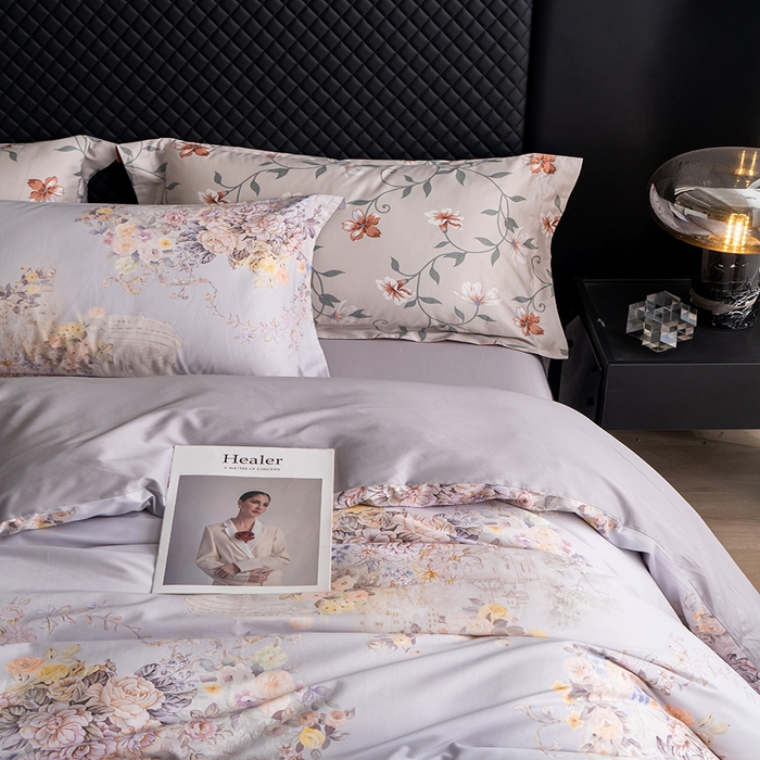 91家纺网 家纺一手货源 找家纺 观月轩家纺 2025新款60支长绒棉纯棉数码印花四件套 花城-紫