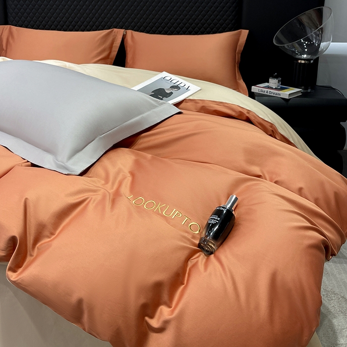 91家纺网 家纺一手货源 找家纺 观月轩家纺 2025新款100S长绒棉纯棉四件套 活力橙