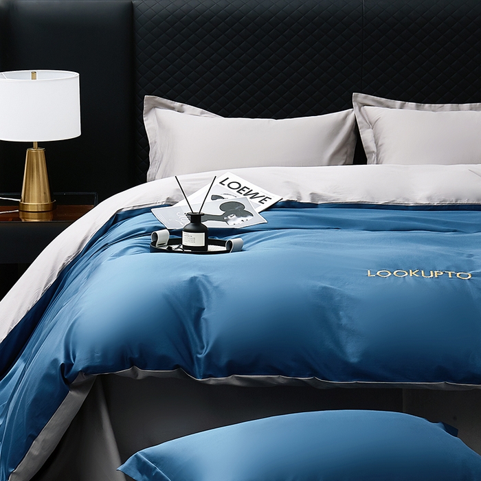 91家纺网 家纺一手货源 找家纺 观月轩家纺 2025新款100S长绒棉纯棉四件套 蓝灰色