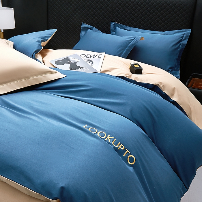 91家纺网 家纺一手货源 找家纺 观月轩家纺 2025新款100S长绒棉纯棉四件套 蓝金色