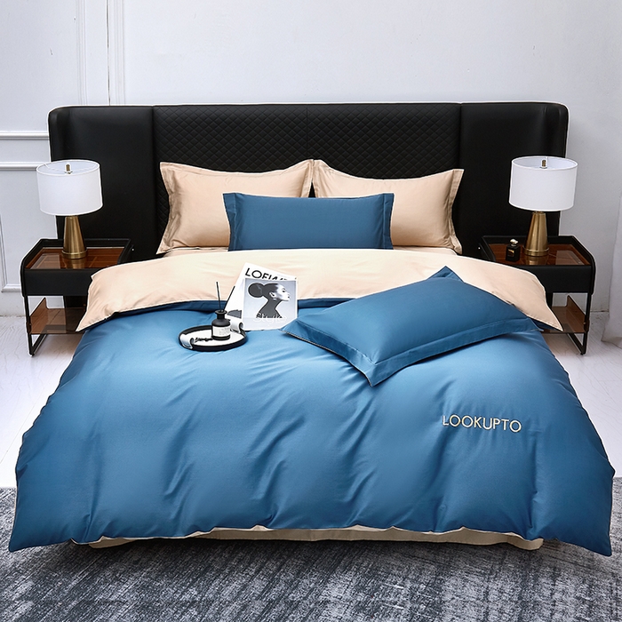 91家纺网 家纺一手货源 找家纺 观月轩家纺 2025新款100S长绒棉纯棉四件套 蓝金色