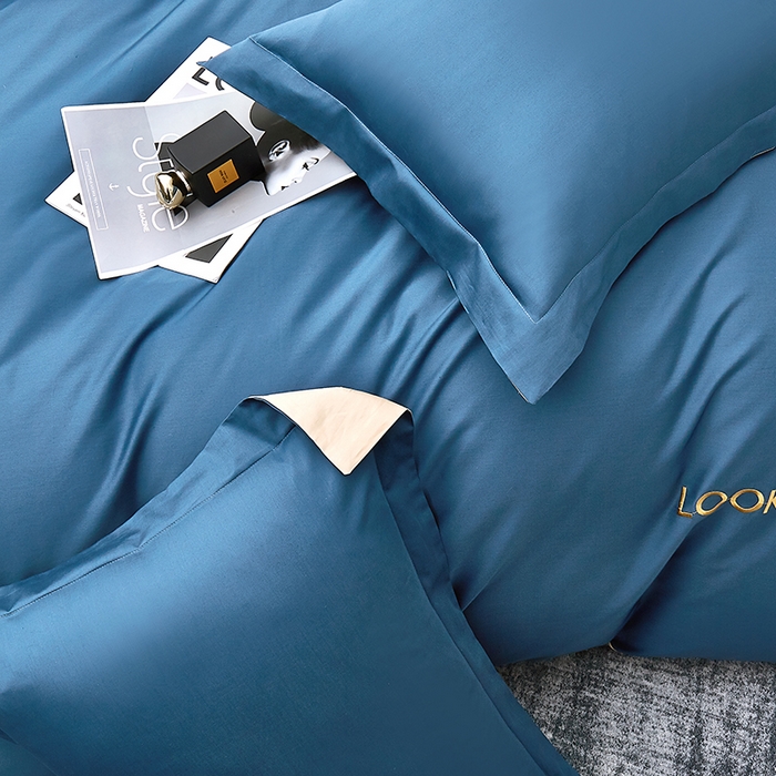 91家纺网 家纺一手货源 找家纺 观月轩家纺 2025新款100S长绒棉纯棉四件套 蓝金色
