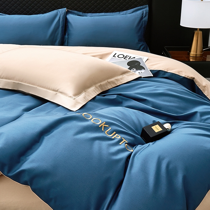 91家纺网 家纺一手货源 找家纺 观月轩家纺 2025新款100S长绒棉纯棉四件套 蓝金色