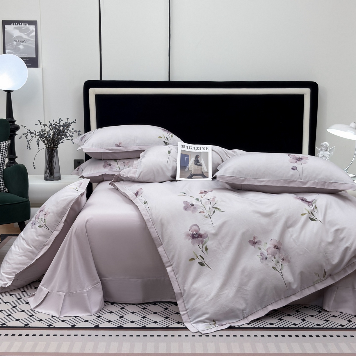 91家纺网 家纺一手货源 找家纺 未来家居 2025新款秋冬全棉加厚磨毛纯色印花缺角工艺系列高端礼盒包装四件套 花俏-粉