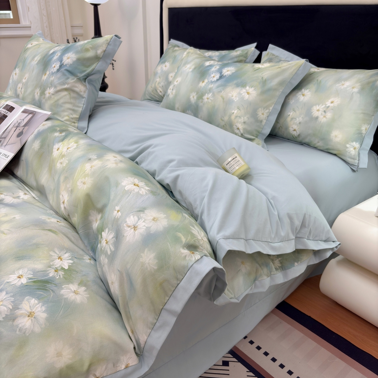 91家纺网 家纺一手货源 找家纺 未来家居 2025新款秋冬全棉加厚磨毛纯色印花缺角工艺系列高端礼盒包装四件套 繁华-绿