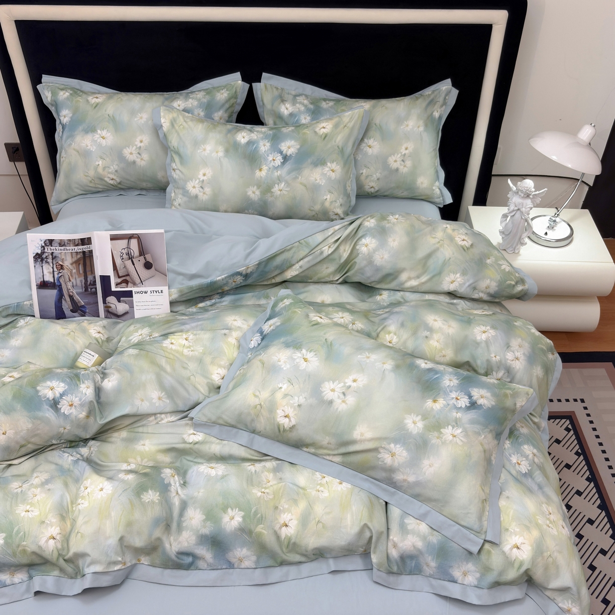 91家纺网 家纺一手货源 找家纺 未来家居 2025新款秋冬全棉加厚磨毛纯色印花缺角工艺系列高端礼盒包装四件套 繁华-绿