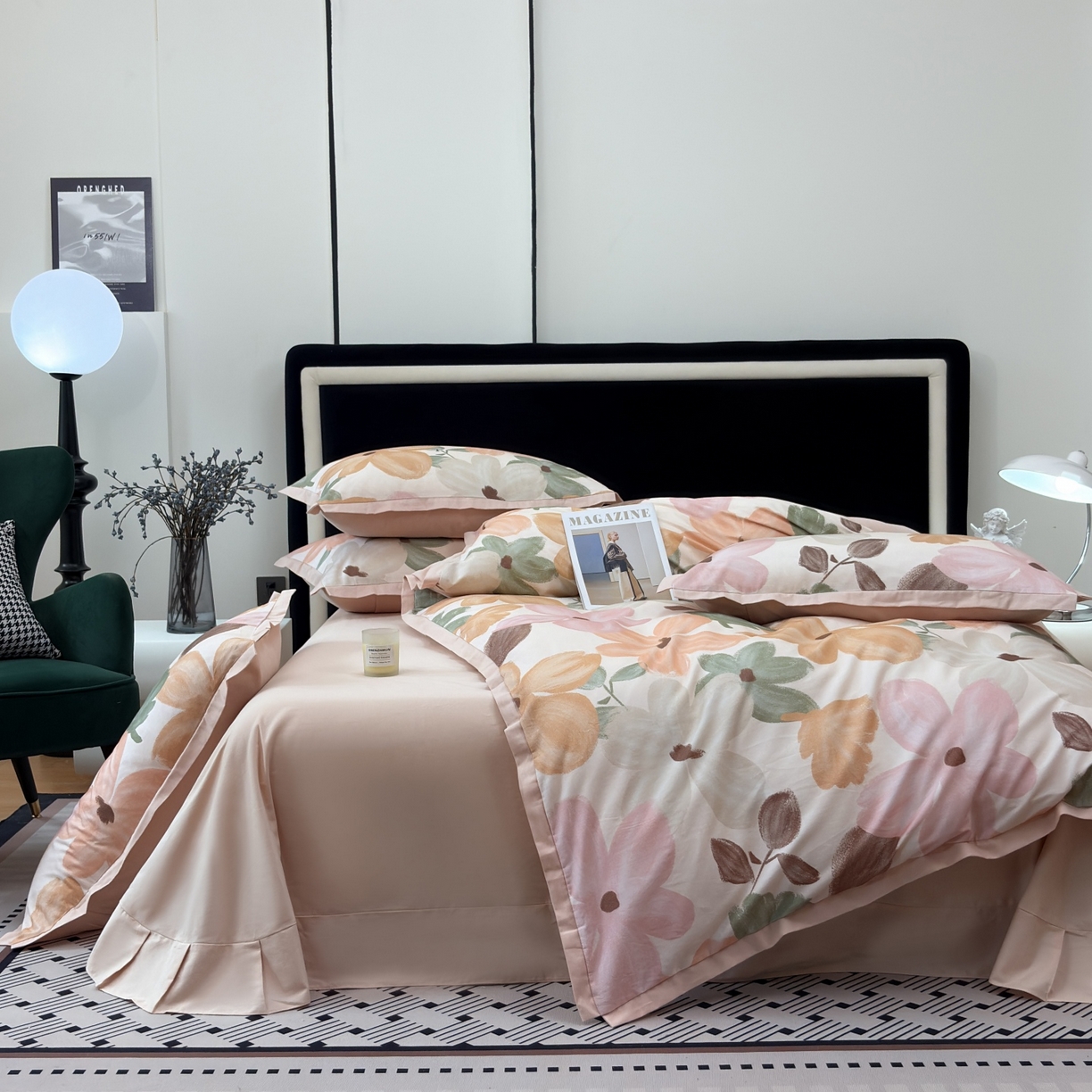 91家纺网 家纺一手货源 找家纺 未来家居 2025新款秋冬全棉加厚磨毛纯色印花缺角工艺系列高端礼盒包装四件套 花满市-粉