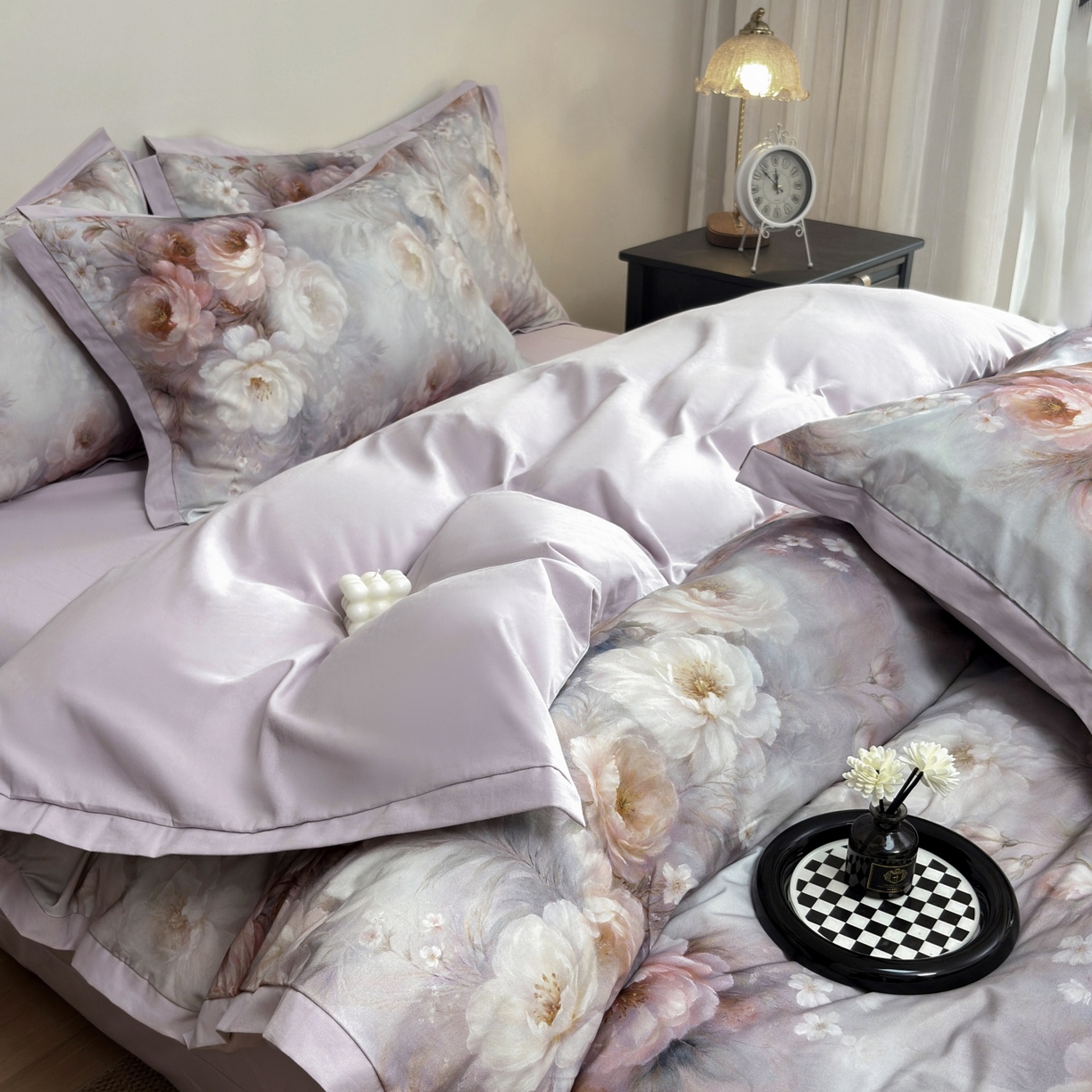 91家纺网 家纺一手货源 找家纺 未来家居 2025新款秋冬全棉加厚磨毛纯色印花缺角工艺系列高端礼盒包装四件套 法瑞尔-粉