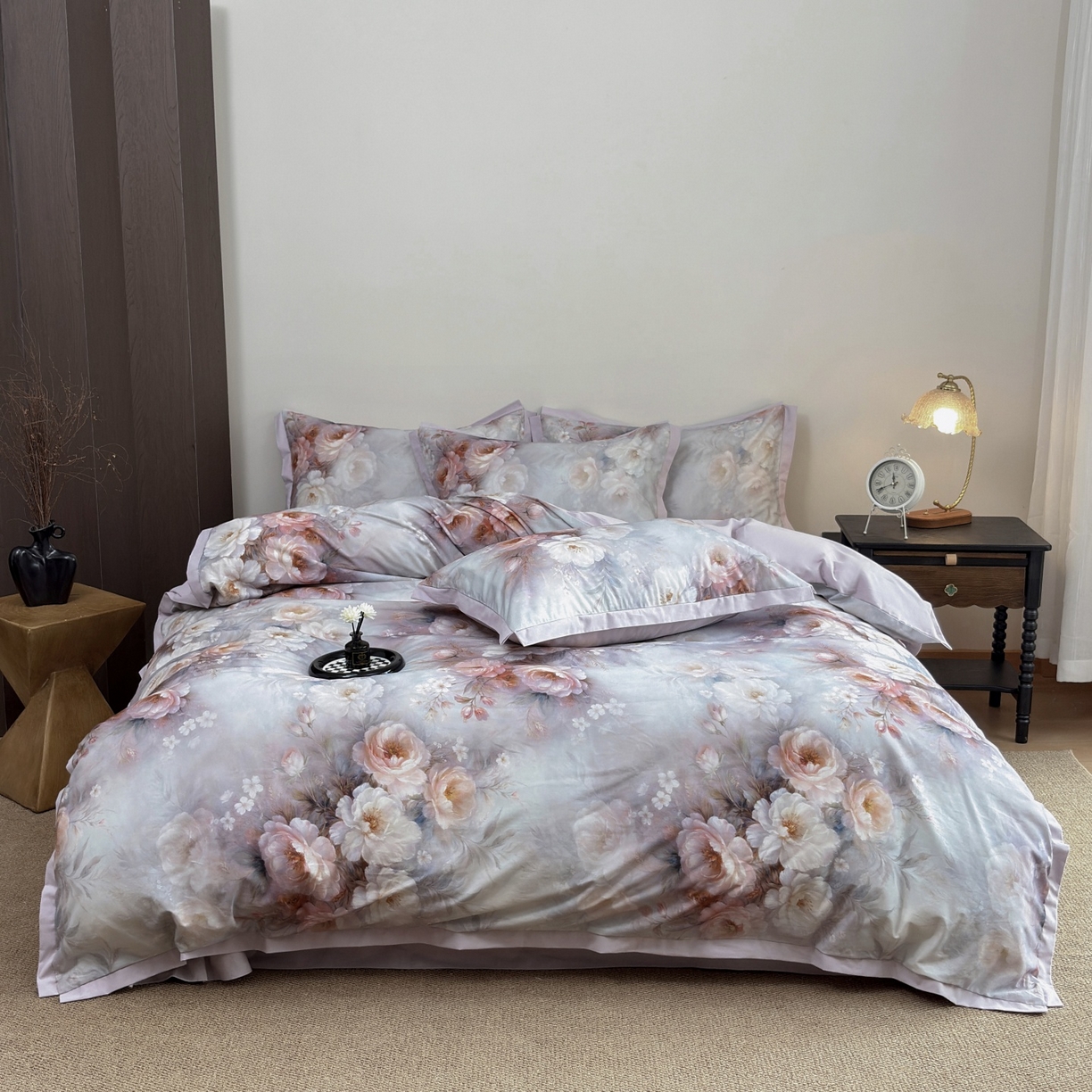 91家纺网 家纺一手货源 找家纺 未来家居 2025新款秋冬全棉加厚磨毛纯色印花缺角工艺系列高端礼盒包装四件套 法瑞尔-粉