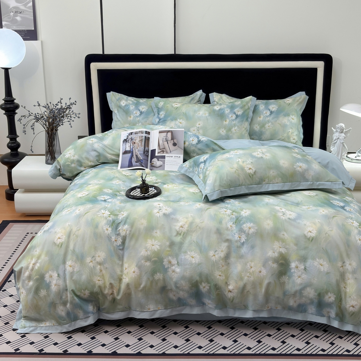 91家纺网 家纺一手货源 找家纺 未来家居 2025新款秋冬全棉加厚磨毛纯色印花缺角工艺系列高端礼盒包装四件套 繁华-绿