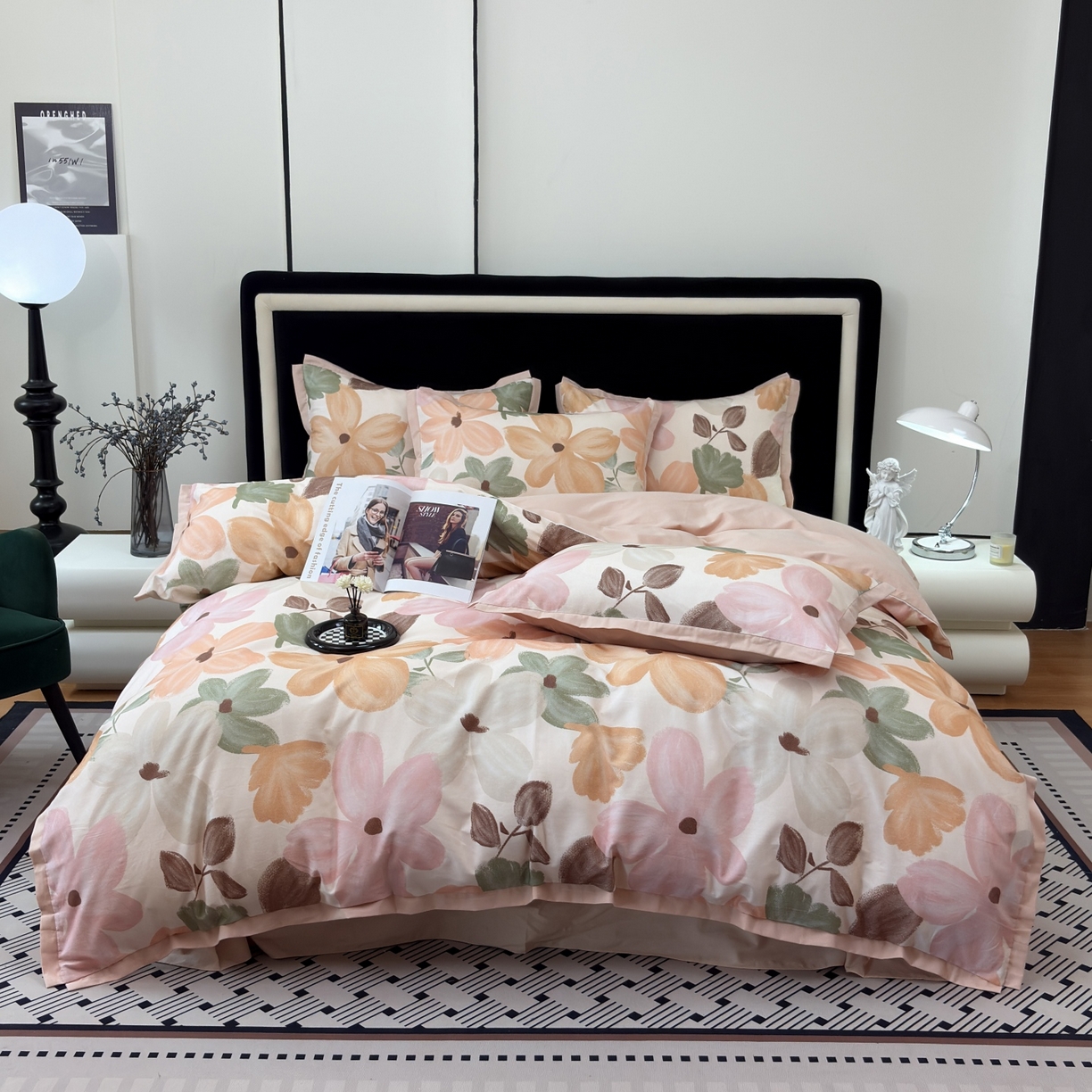 91家纺网 家纺一手货源 找家纺 未来家居 2025新款秋冬全棉加厚磨毛纯色印花缺角工艺系列高端礼盒包装四件套 花满市-粉