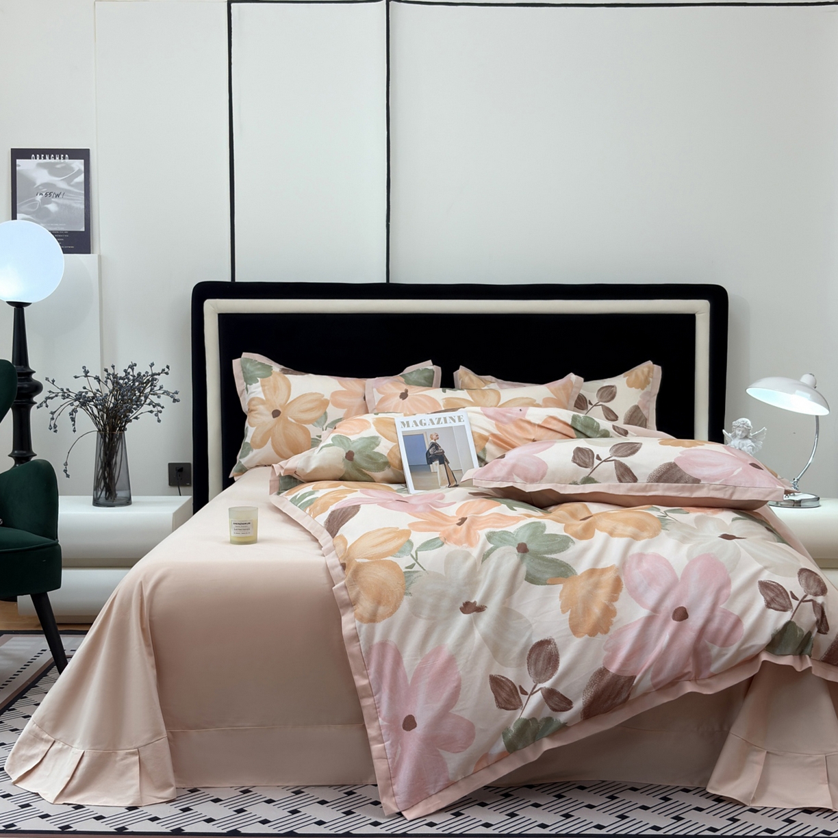 未来家居 2025新款秋冬全棉加厚磨毛纯色印花缺角工艺系列高端礼盒包装四件套 花满市-粉