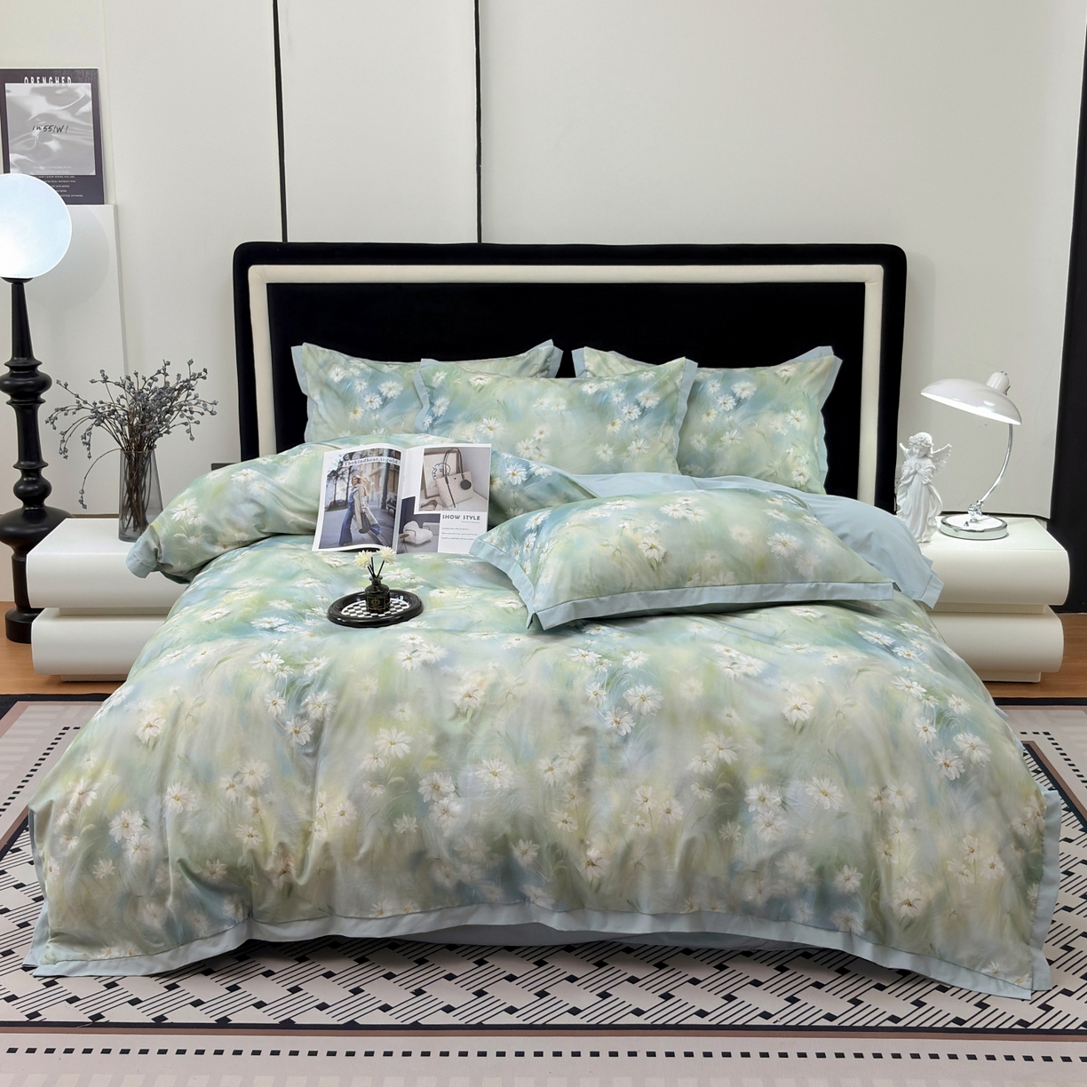 91家纺网 家纺一手货源 找家纺 未来家居 2025新款秋冬全棉加厚磨毛纯色印花缺角工艺系列高端礼盒包装四件套 繁华-绿