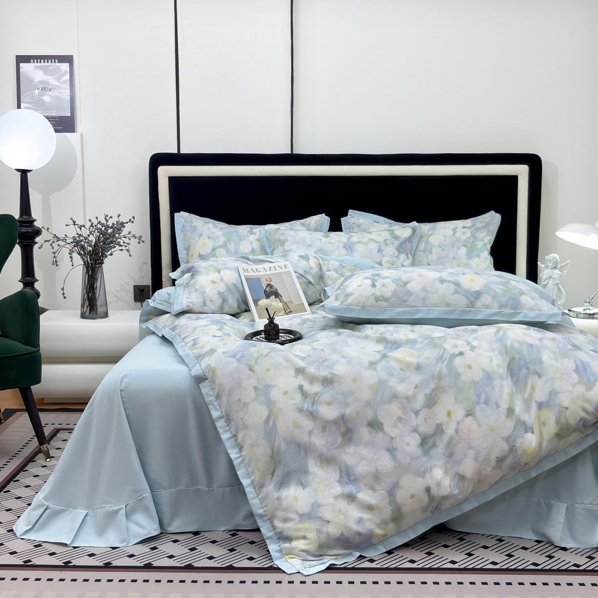 未来家居 2025新款秋冬全棉加厚磨毛纯色印花缺角工艺系列高端礼盒包装四件套 春山花满-蓝