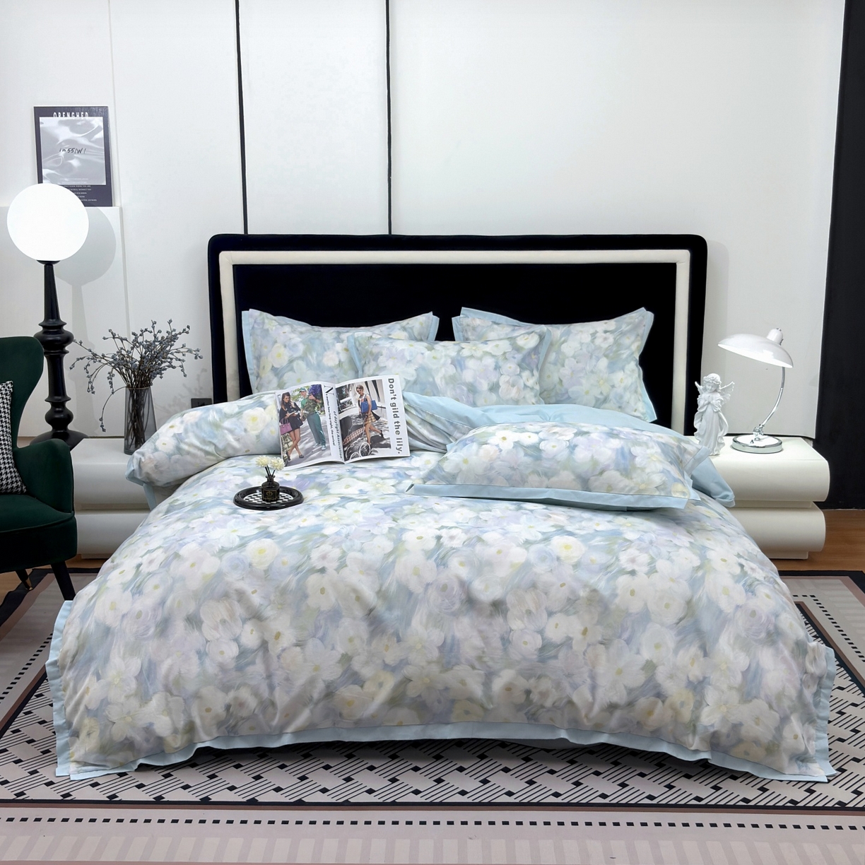 91家纺网 家纺一手货源 找家纺 未来家居 2025新款秋冬全棉加厚磨毛纯色印花缺角工艺系列高端礼盒包装四件套 春山花满-蓝