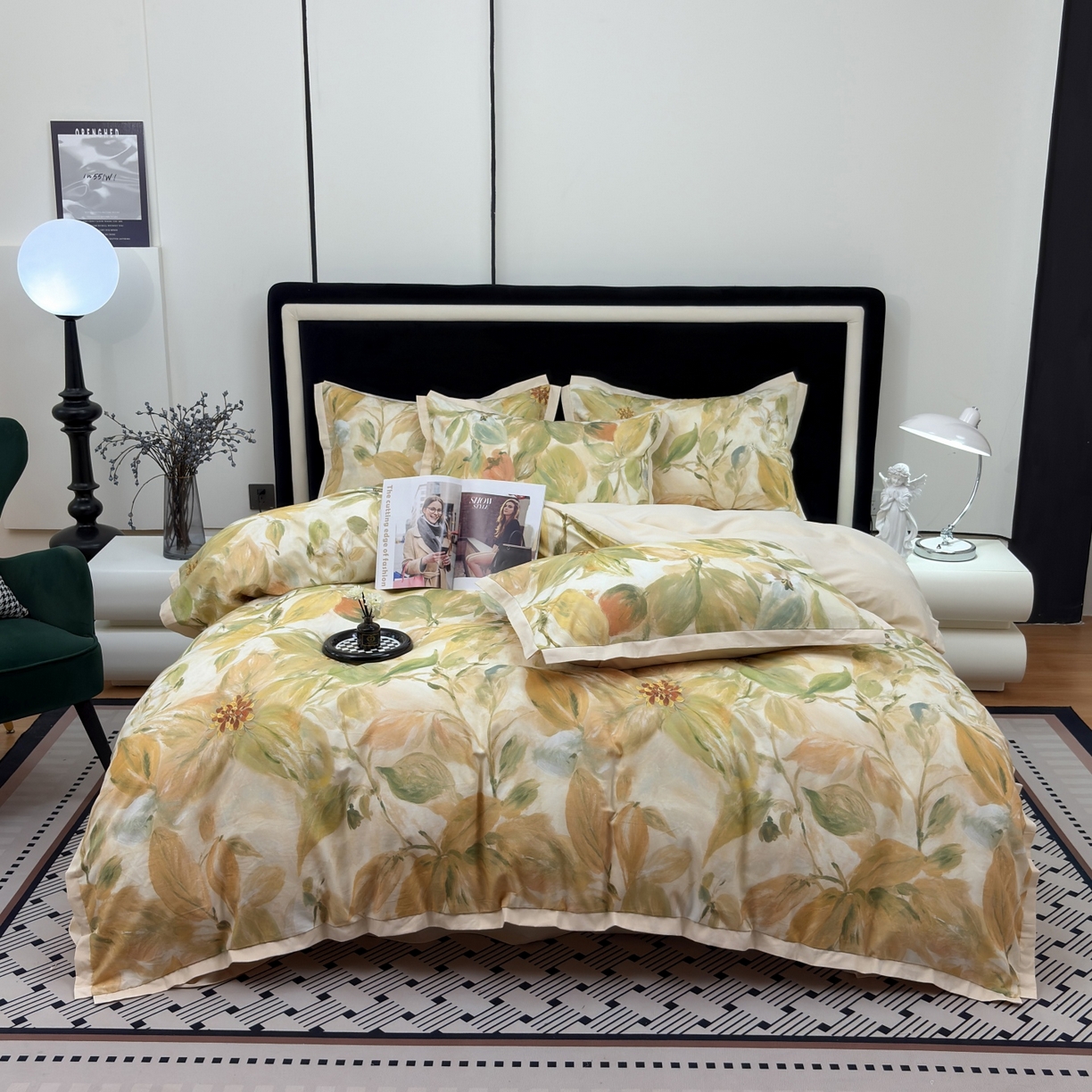 91家纺网 家纺一手货源 找家纺 未来家居 2025新款秋冬全棉加厚磨毛纯色印花缺角工艺系列高端礼盒包装四件套 醉美人-绿