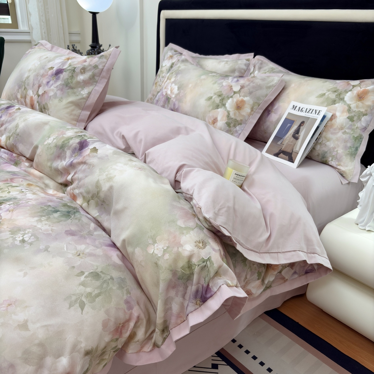 91家纺网 家纺一手货源 找家纺 未来家居 2025新款秋冬全棉加厚磨毛纯色印花缺角工艺系列高端礼盒包装四件套 芳芯-紫