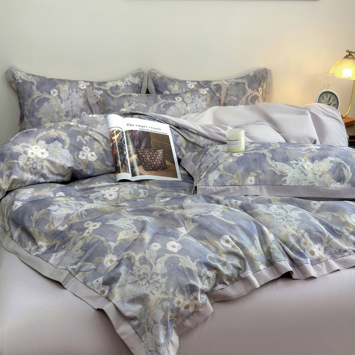 91家纺网 家纺一手货源 找家纺 未来家居 2025新款秋冬全棉加厚磨毛纯色印花缺角工艺系列高端礼盒包装四件套 若芙-蓝