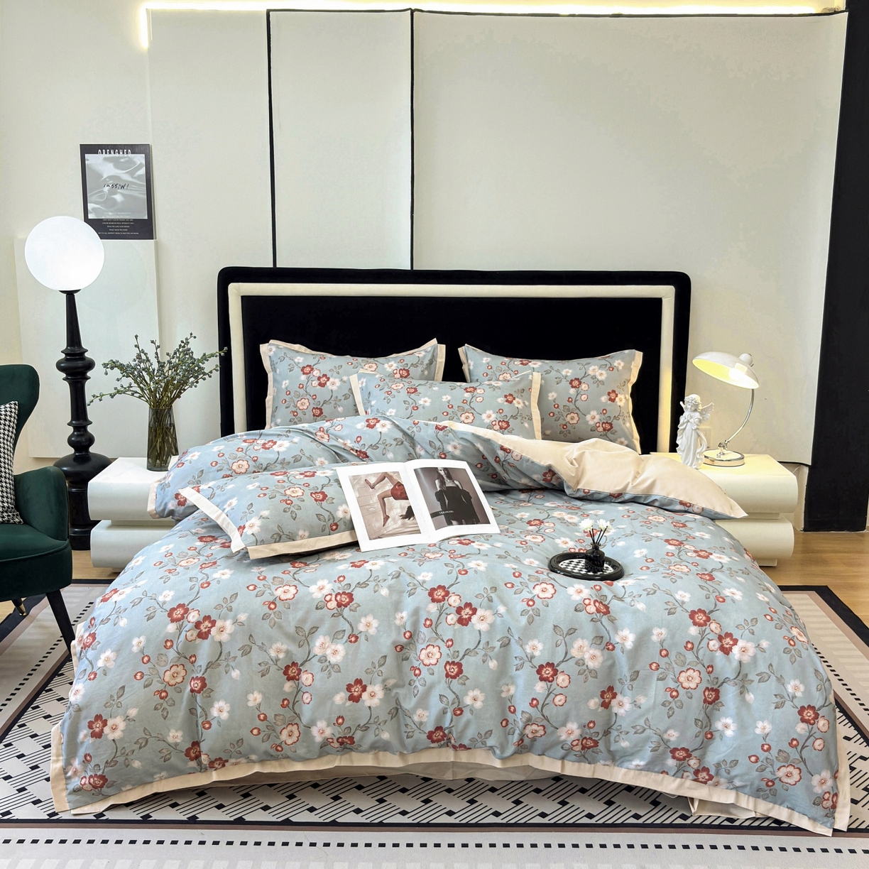 91家纺网 家纺一手货源 找家纺 未来家居 2025新款秋冬全棉加厚磨毛纯色印花缺角工艺系列高端礼盒包装四件套 兰茵-蓝