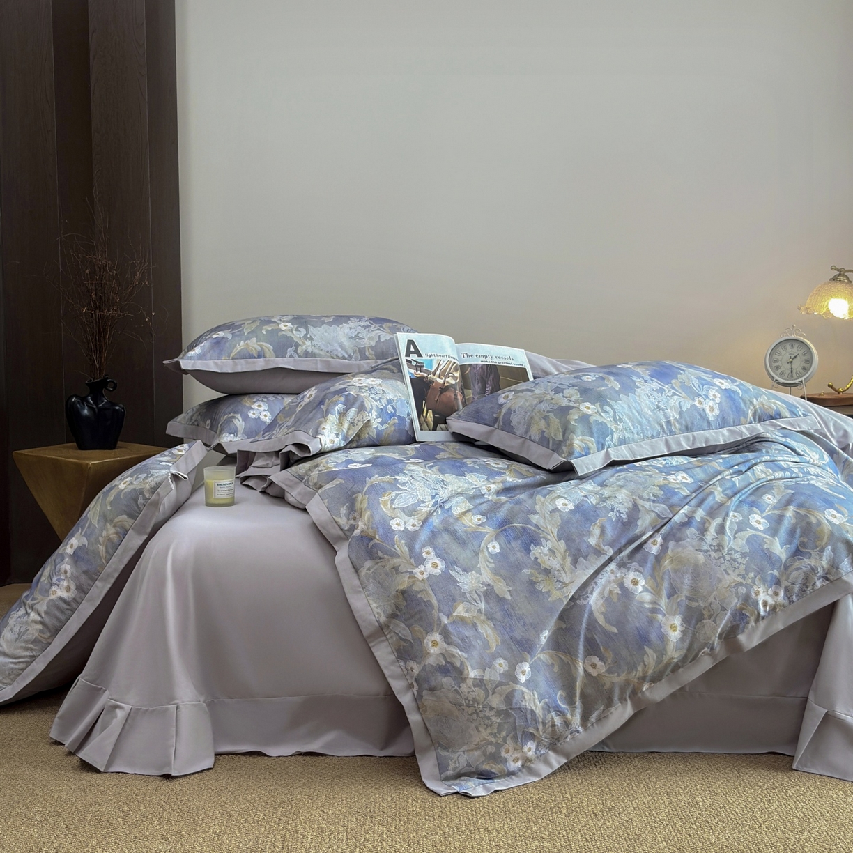 91家纺网 家纺一手货源 找家纺 未来家居 2025新款秋冬全棉加厚磨毛纯色印花缺角工艺系列高端礼盒包装四件套 若芙-蓝