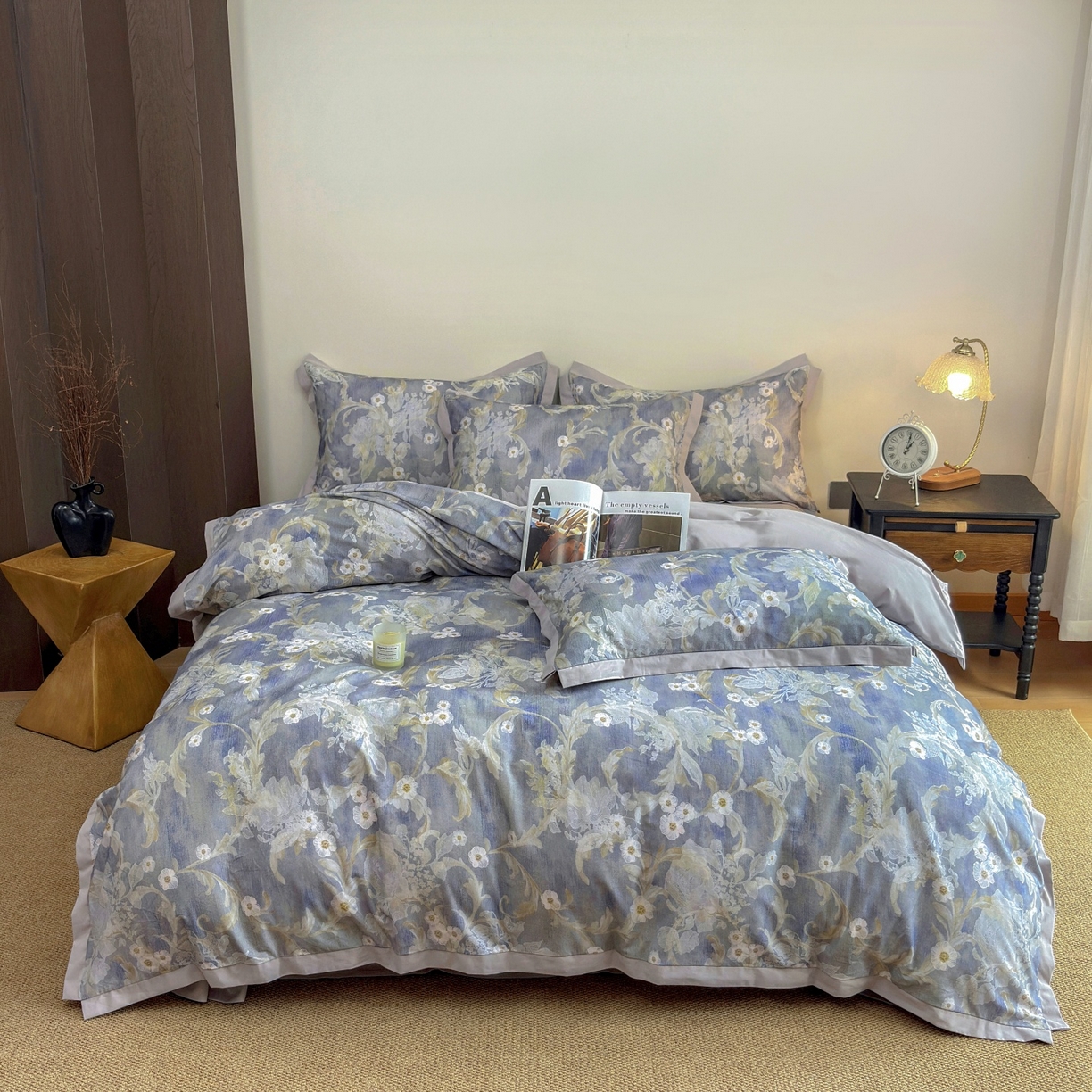 91家纺网 家纺一手货源 找家纺 未来家居 2025新款秋冬全棉加厚磨毛纯色印花缺角工艺系列高端礼盒包装四件套 若芙-蓝