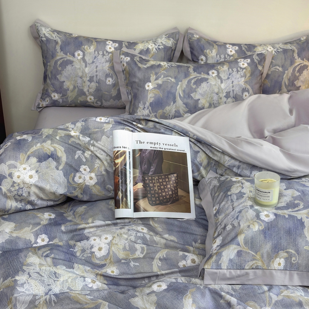 91家纺网 家纺一手货源 找家纺 未来家居 2025新款秋冬全棉加厚磨毛纯色印花缺角工艺系列高端礼盒包装四件套 若芙-蓝