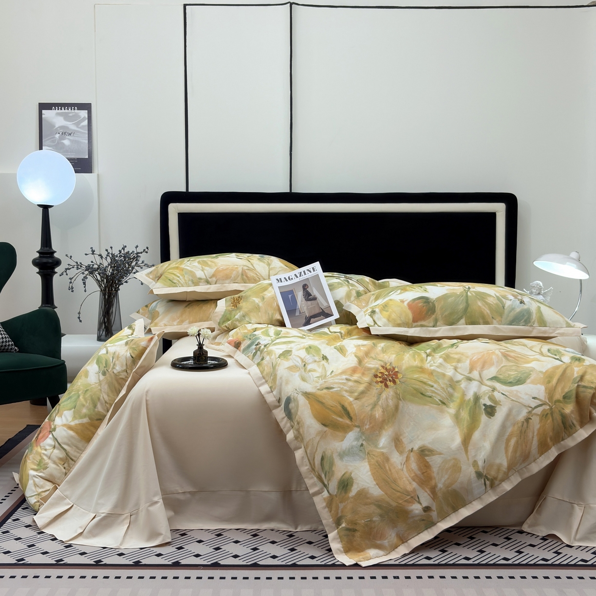 91家纺网 家纺一手货源 找家纺 未来家居 2025新款秋冬全棉加厚磨毛纯色印花缺角工艺系列高端礼盒包装四件套 醉美人-绿