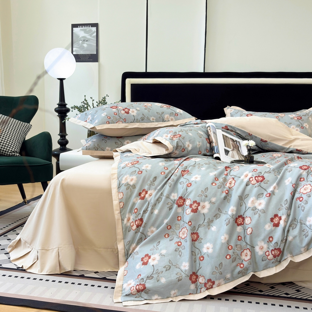 91家纺网 家纺一手货源 找家纺 未来家居 2025新款秋冬全棉加厚磨毛纯色印花缺角工艺系列高端礼盒包装四件套 兰茵-蓝