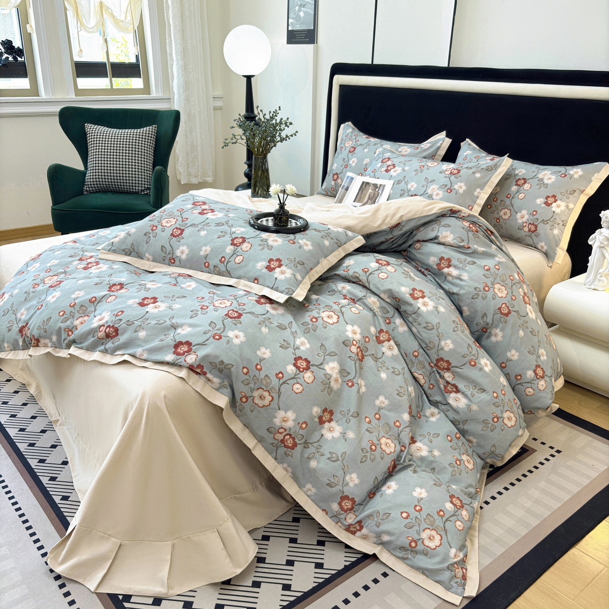 91家纺网 家纺一手货源 找家纺 未来家居 2025新款秋冬全棉加厚磨毛纯色印花缺角工艺系列高端礼盒包装四件套 兰茵-蓝