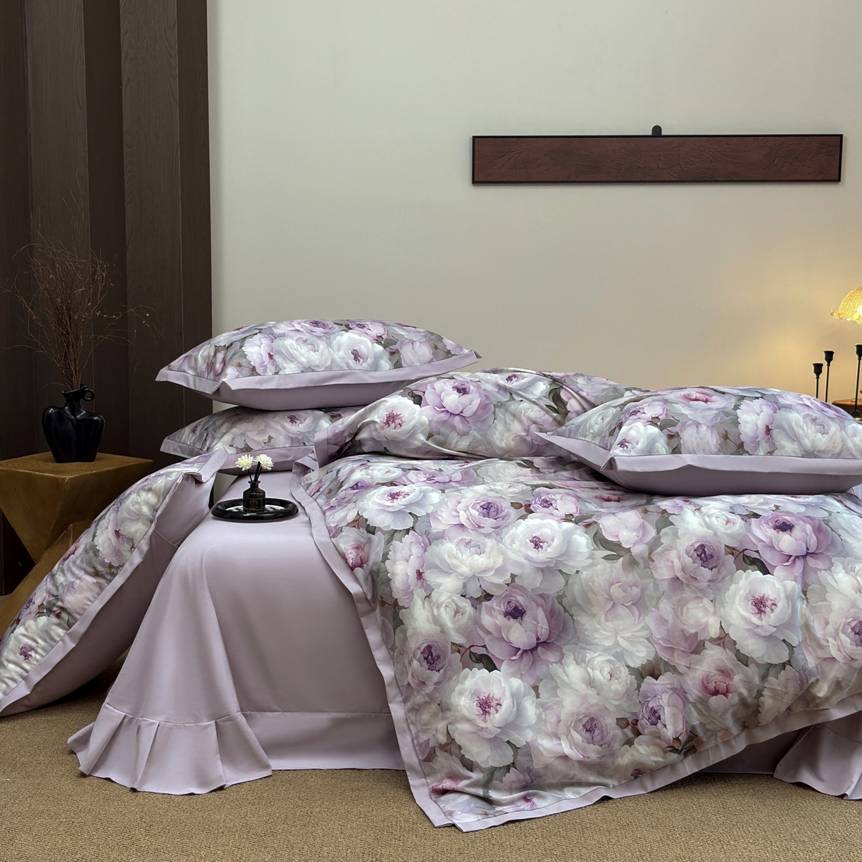 91家纺网 家纺一手货源 找家纺 未来家居 2025新款秋冬全棉加厚磨毛纯色印花缺角工艺系列高端礼盒包装四件套 美荏-紫