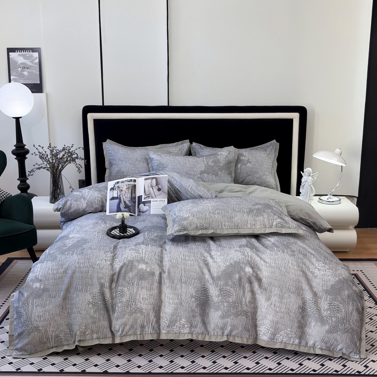 91家纺网 家纺一手货源 找家纺 未来家居 2025新款秋冬全棉加厚磨毛纯色印花缺角工艺系列高端礼盒包装四件套 龙葵-灰