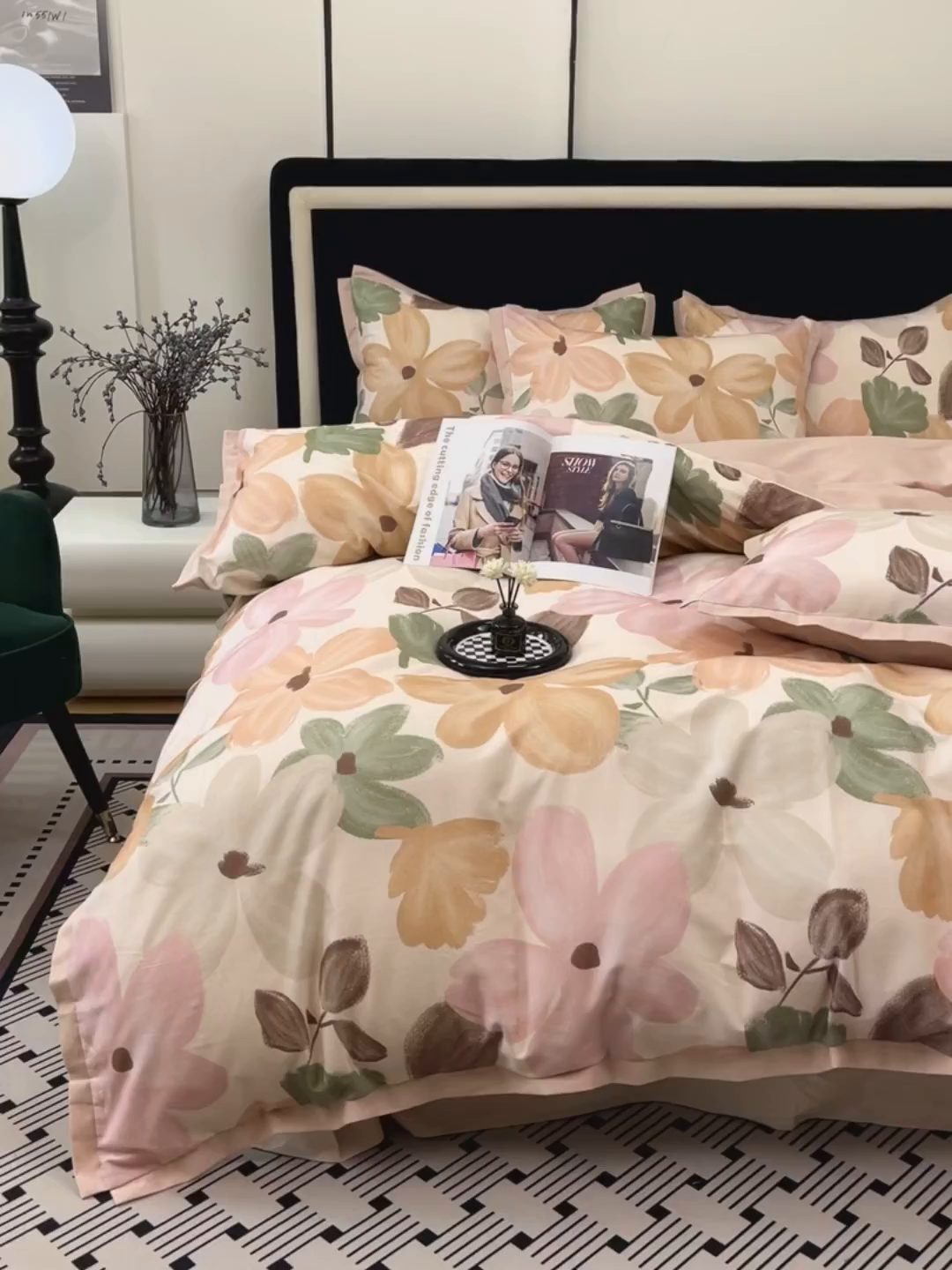 91家纺网 家纺一手货源 找家纺 未来家居 2025新款秋冬全棉加厚磨毛纯色印花缺角工艺系列高端礼盒包装四件套 花满市-粉