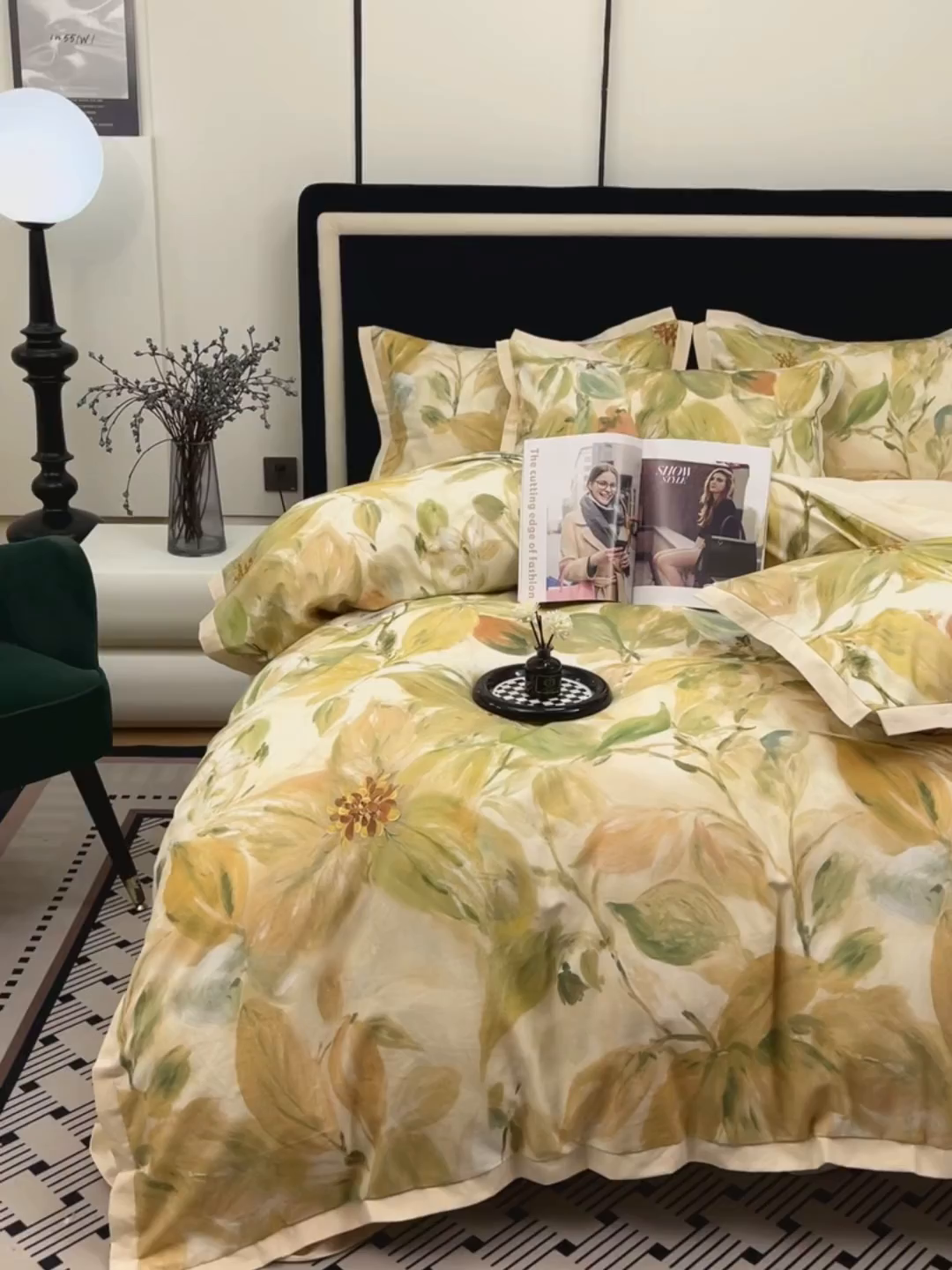 91家纺网 家纺一手货源 找家纺 未来家居 2025新款秋冬全棉加厚磨毛纯色印花缺角工艺系列高端礼盒包装四件套 醉美人-绿