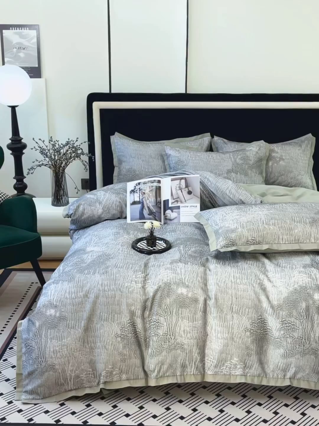 91家纺网 家纺一手货源 找家纺 未来家居 2025新款秋冬全棉加厚磨毛纯色印花缺角工艺系列高端礼盒包装四件套 龙葵-灰