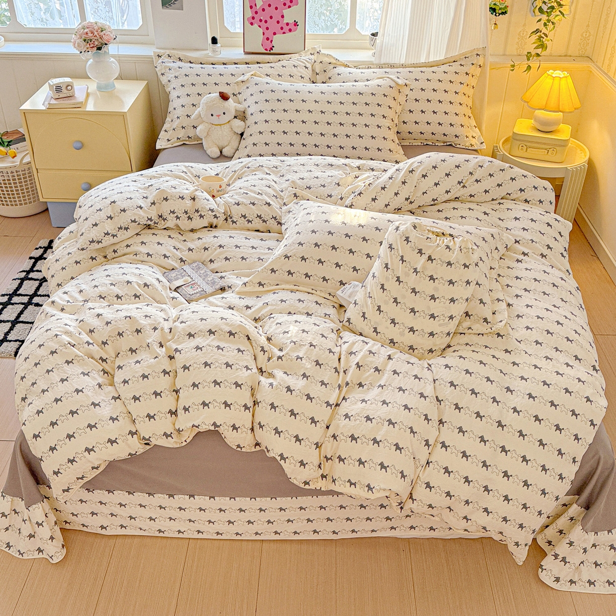 91家纺网 家纺一手货源 找家纺 梦莱斯 2025新款韩国小布袋古法云感棉四件套 斑马乐园