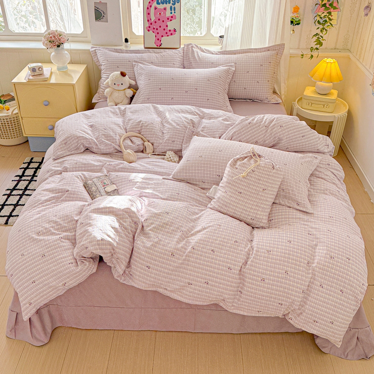 91家纺网 家纺一手货源 找家纺 梦莱斯 2025新款韩国小布袋古法云感棉四件套 格子樱桃