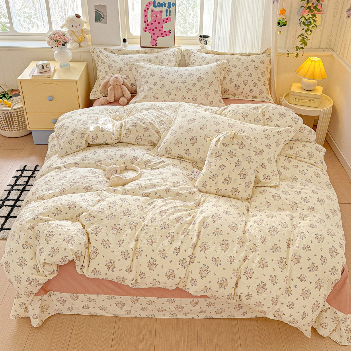 91家纺网 家纺一手货源 找家纺 梦莱斯 2025新款韩国小布袋古法云感棉四件套 花团锦簇