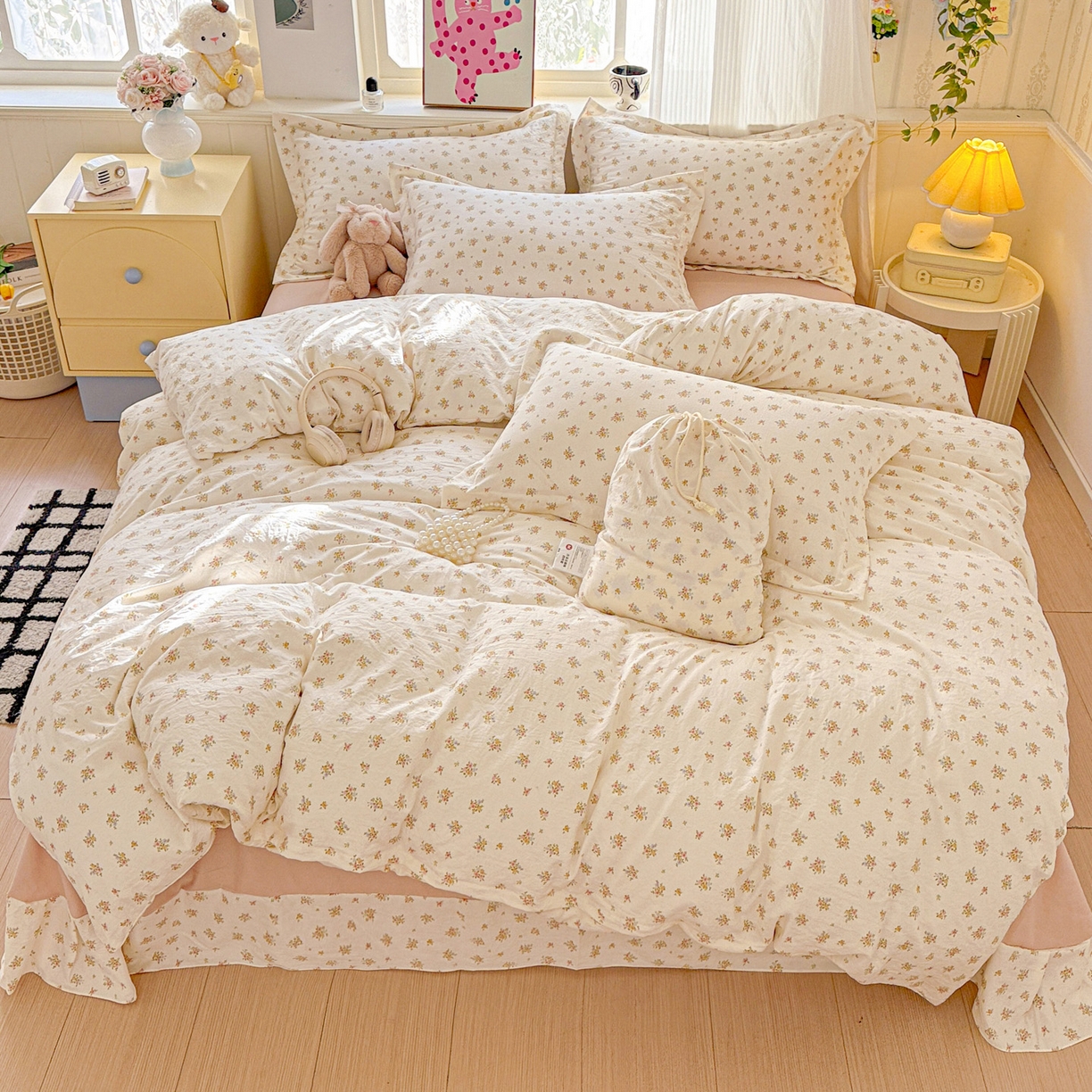 91家纺网 家纺一手货源 找家纺 梦莱斯 2025新款韩国小布袋古法云感棉四件套 春日小花