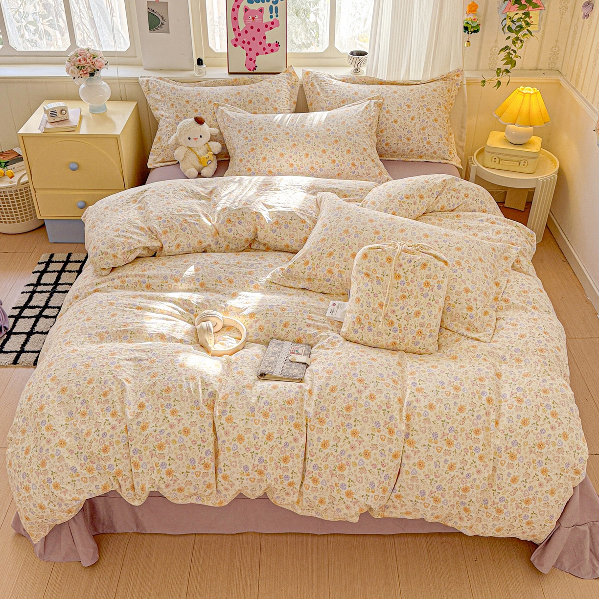 91家纺网 家纺一手货源 找家纺 梦莱斯 2025新款韩国小布袋古法云感棉四件套 花漾