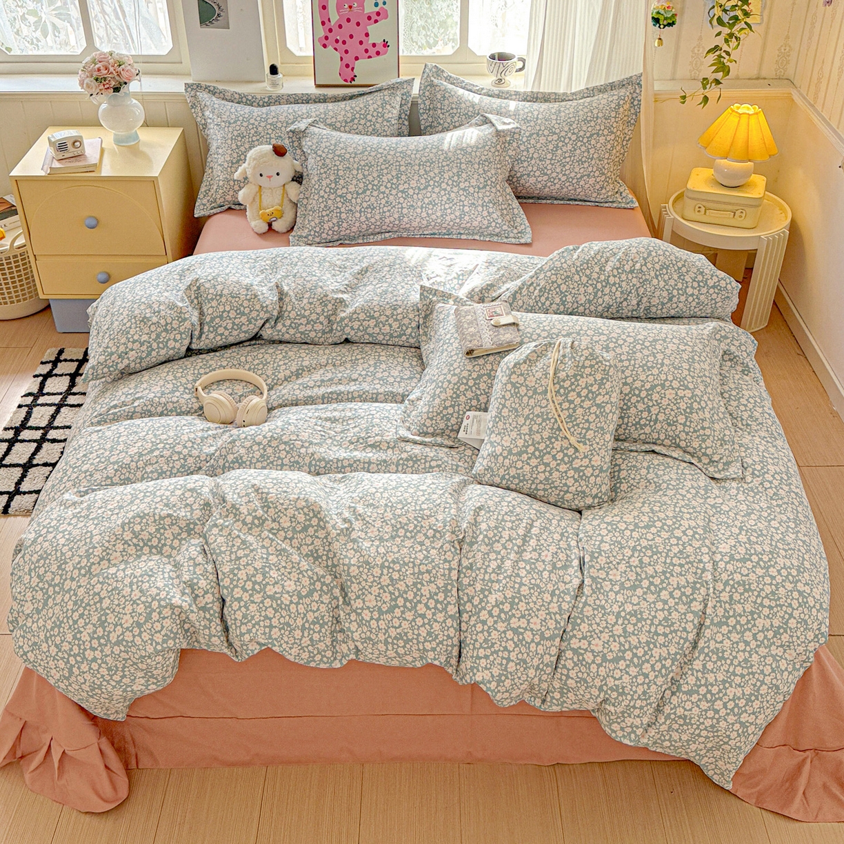 91家纺网 家纺一手货源 找家纺 梦莱斯 2025新款韩国小布袋古法云感棉四件套 蓝风铃