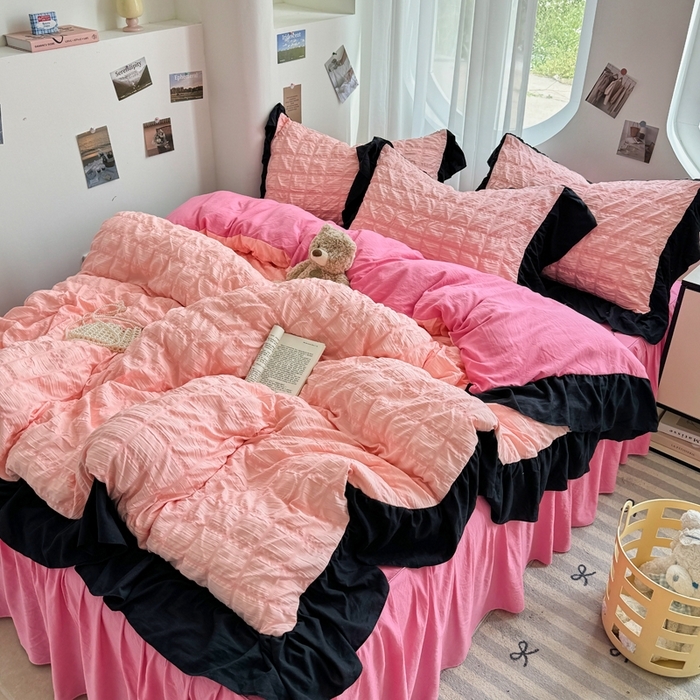 91家纺网 家纺一手货源 找家纺 （总）优卡迪家纺馆 2025新款亲肤舒适A类法式泡泡纱花边款四件套