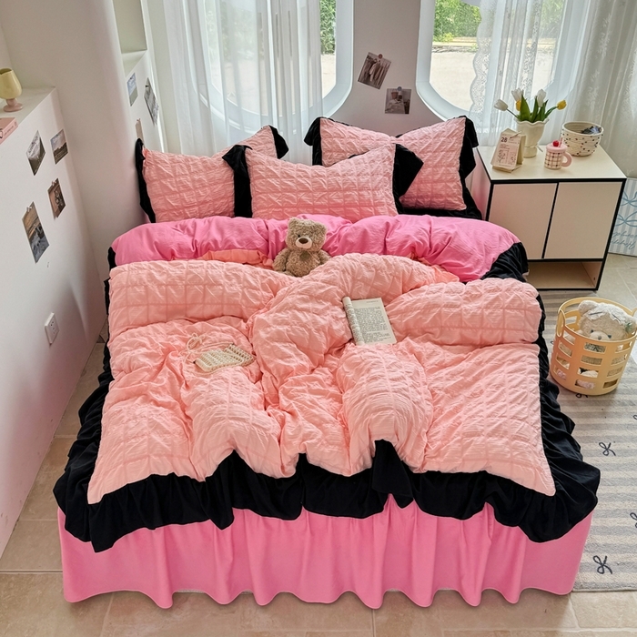 91家纺网 家纺一手货源 找家纺 （总）优卡迪家纺馆 2025新款亲肤舒适A类法式泡泡纱花边款四件套