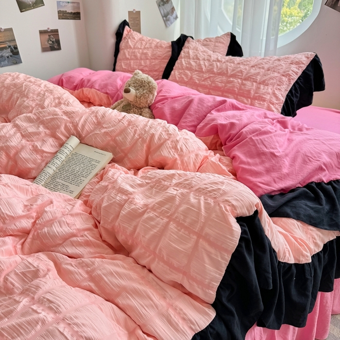 91家纺网 家纺一手货源 找家纺 （总）优卡迪家纺馆 2025新款亲肤舒适A类法式泡泡纱花边款四件套