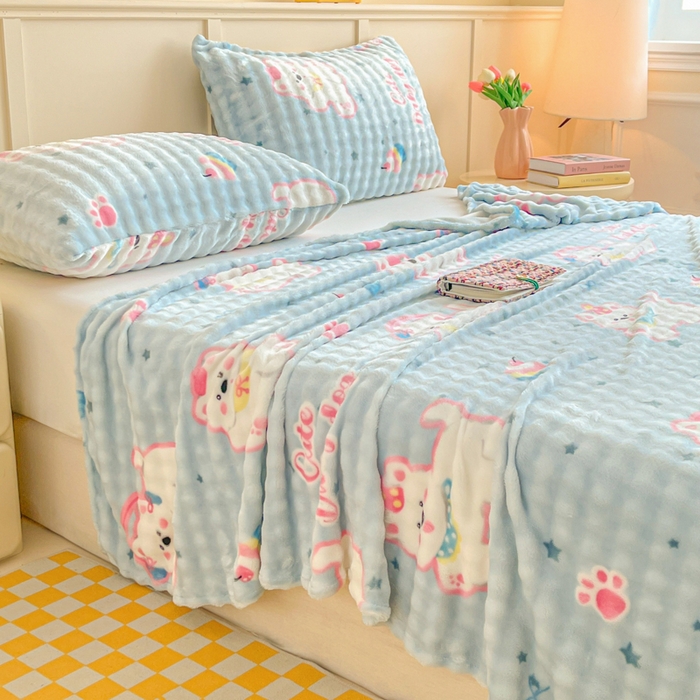 91家纺网 家纺一手货源 找家纺 （总）爱屋及屋2025新款高克重牛奶绒泡泡绒印花床单单件冬季保暖毛绒毯子绒床单子三件套