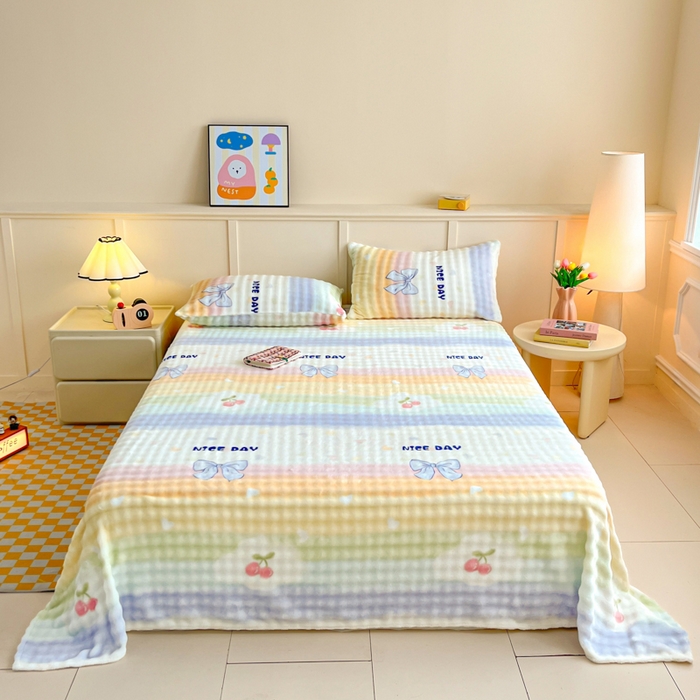 91家纺网 家纺一手货源 找家纺 爱屋及屋 2025新款牛奶泡泡绒印花单床单 床单单件 彩虹蝴蝶结